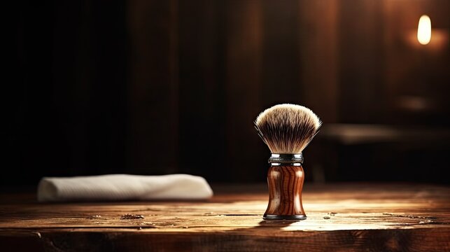 Barbershop themed backdrop with wood table razor and brush Space for text