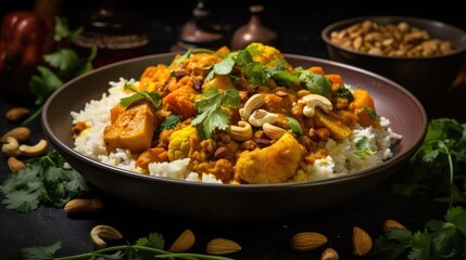 Cauliflower chickpea and butternut squash curry topped with peanuts served with rice and cilantro