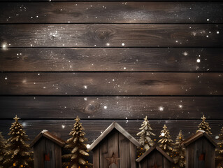 Flat lay Christmas composition on wooden background with decorations and copy space for text