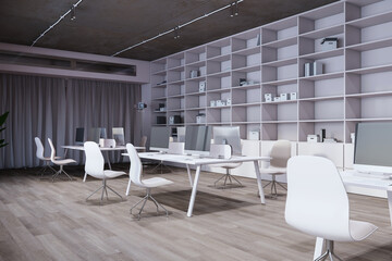 Side view of modern office interior with furniture, bookshelf and wooden flooring. 3D Rendering.