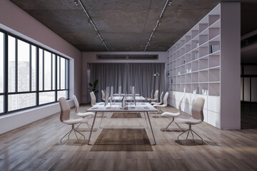 Modern office interior with furniture, window and city view, bookshelf and wooden flooring. 3D Rendering.