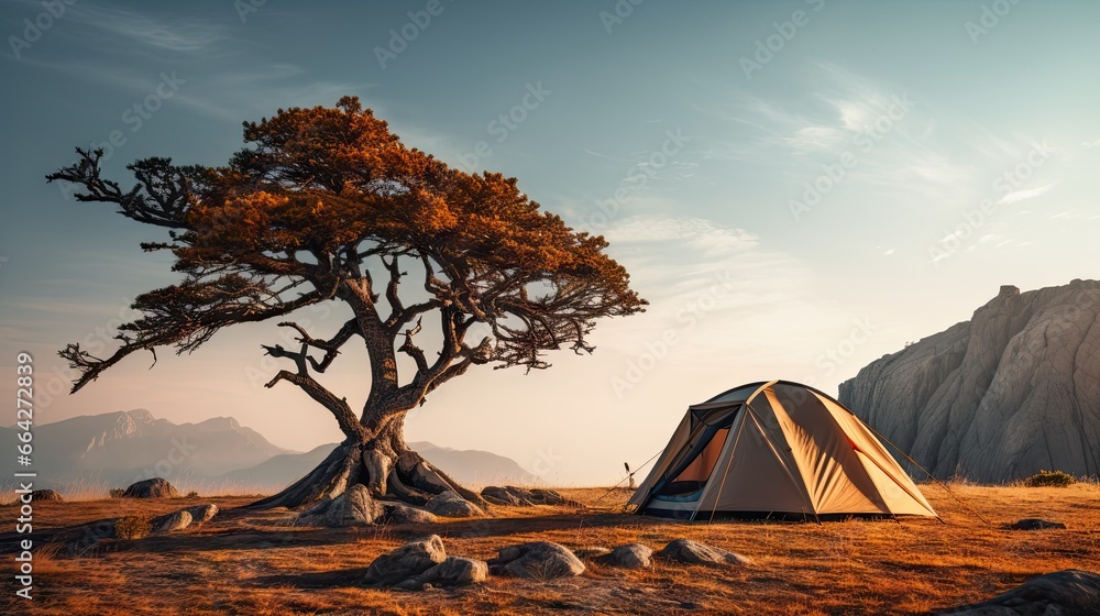 Poster camping tent on dry ground near big tree at lakeside campsite with mountains in the background witho
