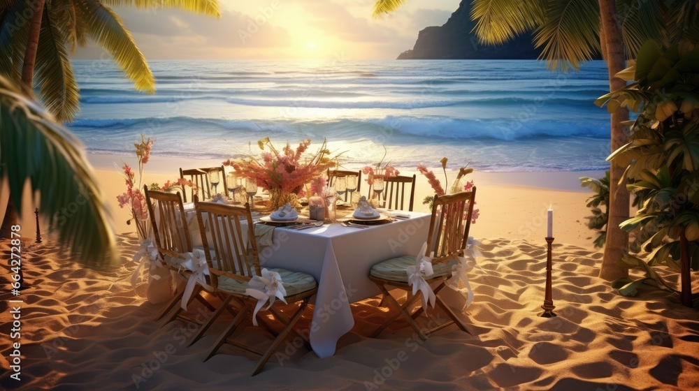 Poster beach event or wedding reception table setup