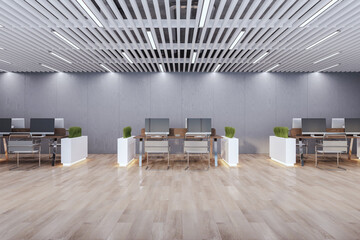 Modern coworking office interior with wooden flooring, furniture and plant partitions. 3D Rendering.