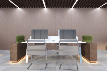 New beige coworking office interior with furniture and plant partitions. 3D Rendering.