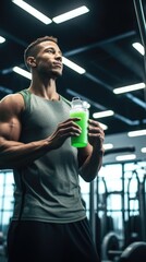 Naklejka premium A Man Holding a Green Nutrition Shake in a Gym. Fictional characters created by Generated AI.