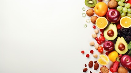 Assortment of healthy food on light background emphasizing diet concept