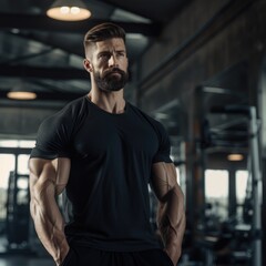 Muscular Man in Gym. Fictional characters created by Generated AI.