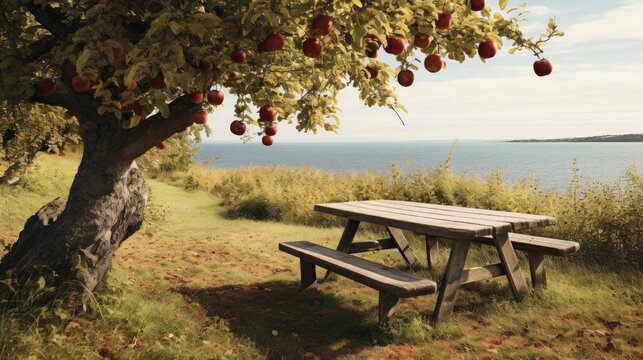 Autumn scene in Kivik Sweden Bench table apple tree coast