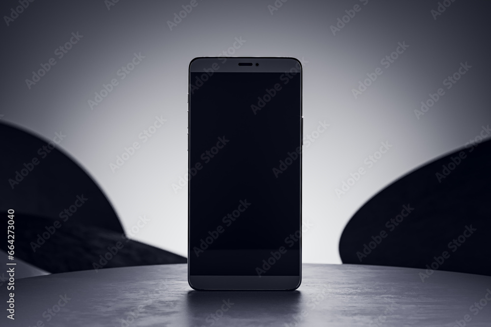 Poster Empty cellphone on abstract background with mock up place for your product advertisement. Presentation concept. 3D Rendering.