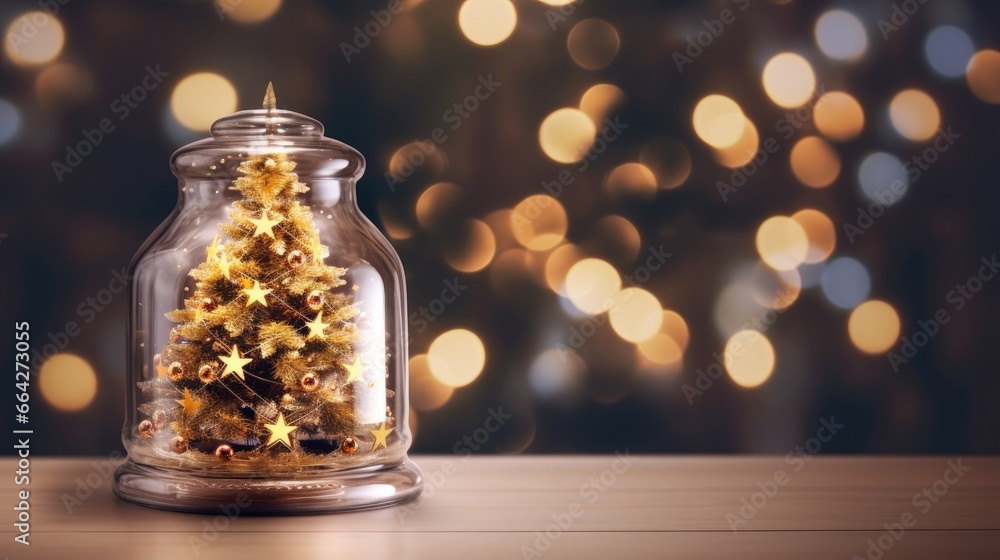 Aufkleber christmas tree in glass jar with bokeh lights background copy space