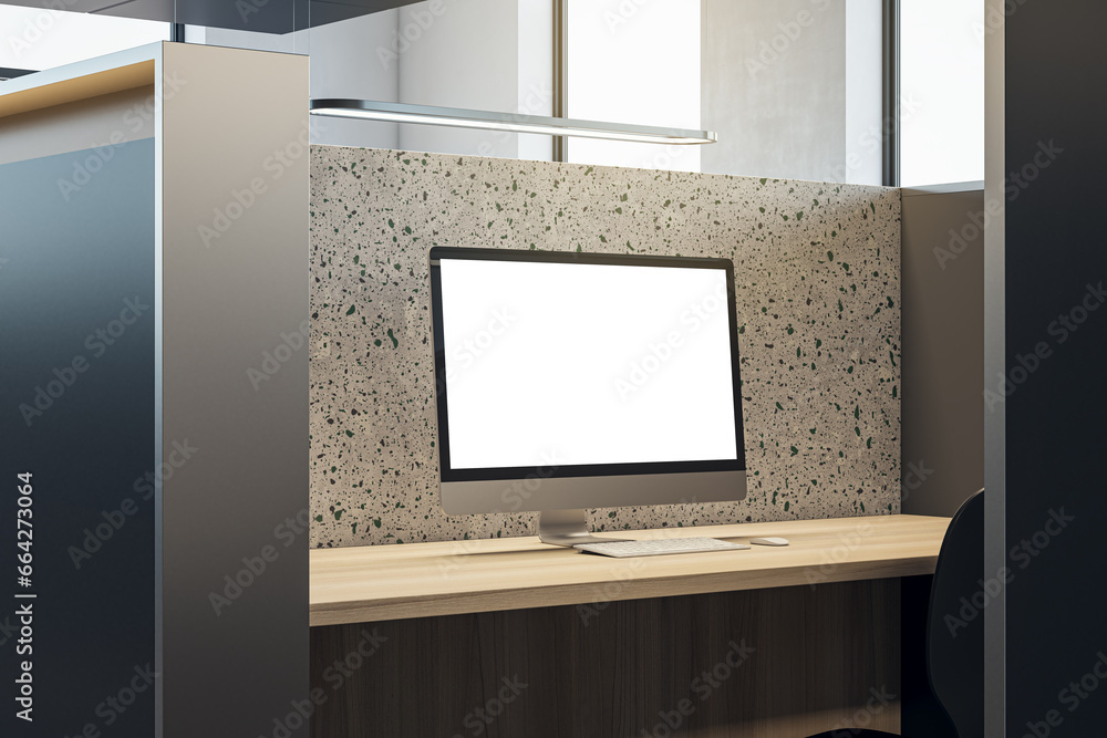 Aufkleber Close up of partitioned wooden and marble workplace with empty white computer screen and mock up place. 3D Rendering.