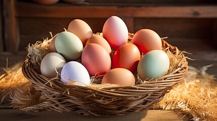 Colorful chicken eggs on a wooden table at a farm