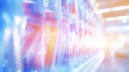 Blurred drink cooler in supermarket with glass background