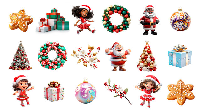 3d cartoon Christmas icon pack, Christmas and New Year isolated clipart collection