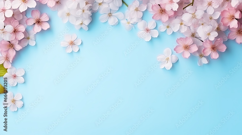 Poster blank paper with pink flowers on a pastel blue background arranged flat and viewed from above with s