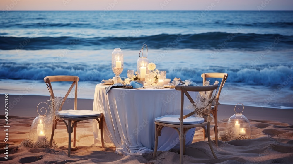Poster beach event or wedding reception table setup