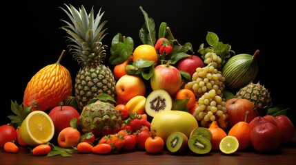 Assortment of unusual fruits pineapple papaya mango annona banana pitahaya kiwano African horned melon tamarillo granadilla salak snake fruit maracuya rambutan lychee longan tamarind