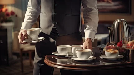 Poster Close up picture of waiter brewing coffee for hotel guests © vxnaghiyev