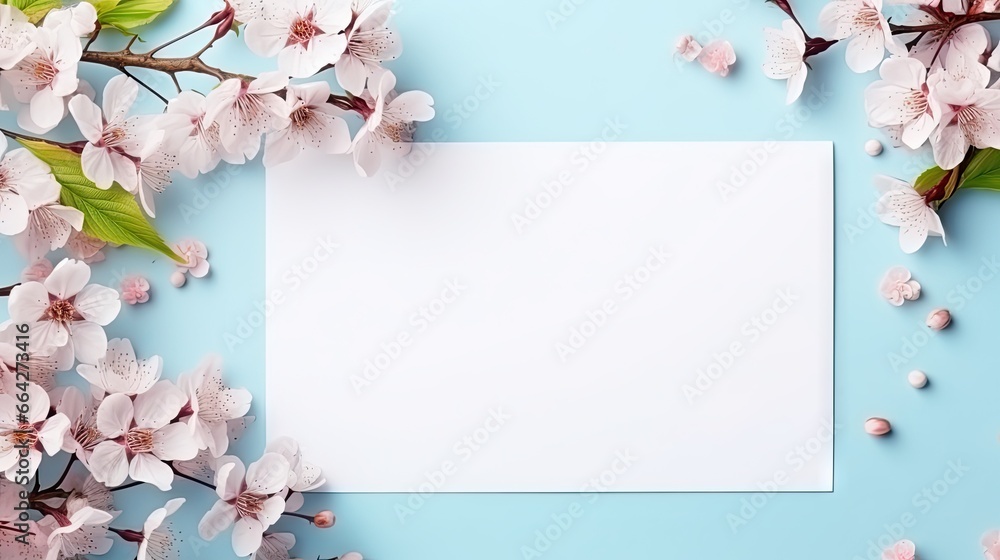 Poster blank paper with pink flowers on a pastel blue background arranged flat and viewed from above with s