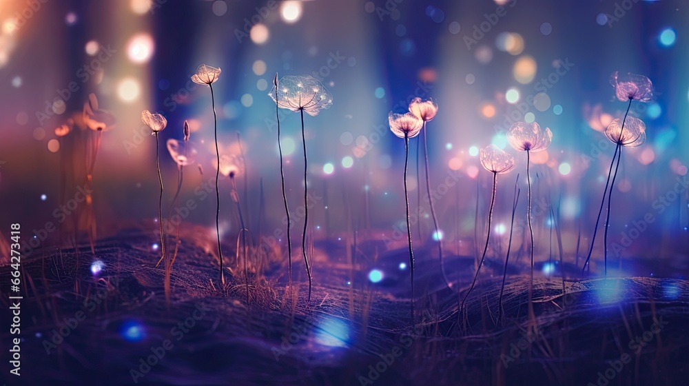 Poster Bokeh lights in a mysterious dreamy forest with a filtered textured image