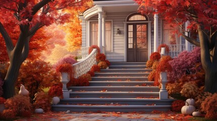 Autumn themed outdoor decor on a stylish house s main entrance stair and porch with colorful tree branches in the foreground Fall backdrop - obrazy, fototapety, plakaty