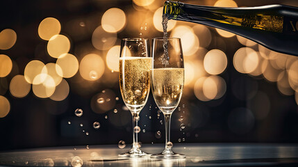 two glasses of sparkling wine on table, festive background, celebration