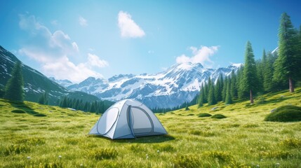Camping in the wild with snowy peaks green grass trees and blue sky