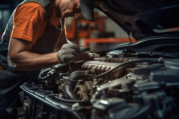 A mechanic in a workshop diagnoses and repairs the engine and car systems. Car repair and diagnostics in the garage. Modern car service. Brutal worker mechanic.