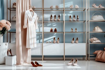 Stylish female clothes and shoes in a boutique.