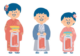 七五三の着物を着た子供たちのイラスト