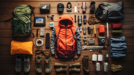 Bird s eye view of hiking equipment arranged on wooden floor for backpacking Inclusive of rope gloves sweater carabiners book belt cup passport wallet canteen compass money map
