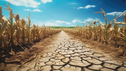 Concept of global food crisis due to corn crop failure in an agricultural field during drought heat and resulting in global economic crisis hunger and poverty - obrazy, fototapety, plakaty