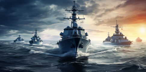 Military Ships at Sea: Navy Vessels in the Pacific as Part of a Carrier Strike Group.