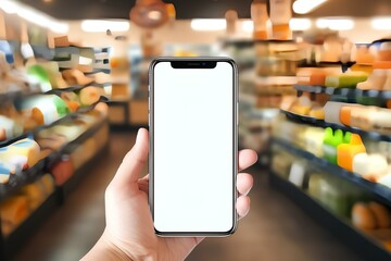 white Blank screen phone float in front , center, Blurred background fresh fruit and vegetable shelves at the market - obrazy, fototapety, plakaty