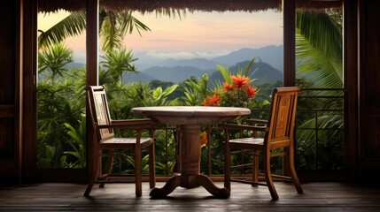 Obraz premium Balinese villa with wooden table chairs by window featuring nature view and potted tropical plant