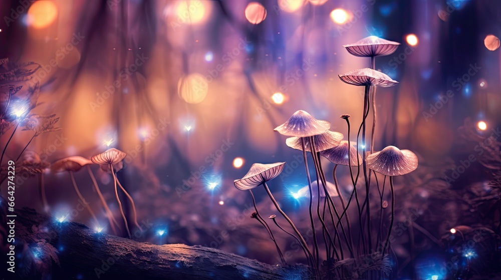 Poster Bokeh lights in a mysterious dreamy forest with a filtered textured image