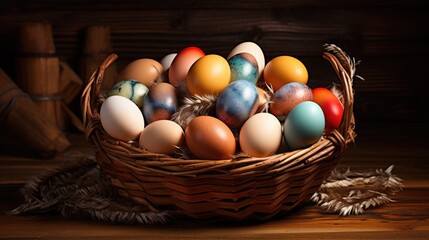 Colorful chicken eggs on a wooden table at a farm