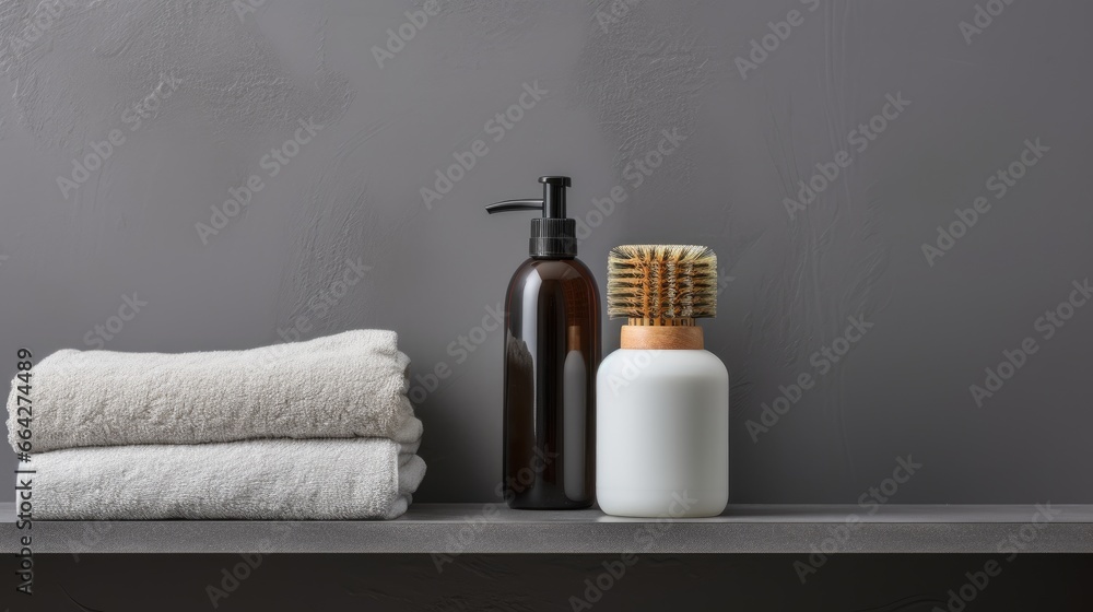 Poster Bathroom shelf displaying various items with grey wall background