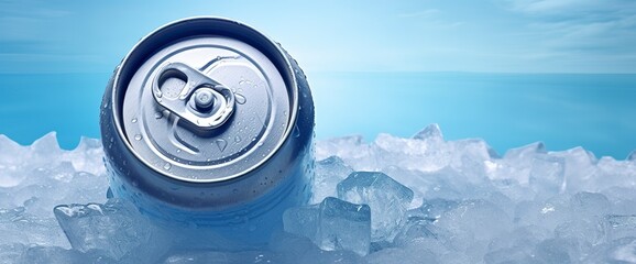Top of drink tin can iced submerged in frost ice, metal aluminum beverage. - obrazy, fototapety, plakaty