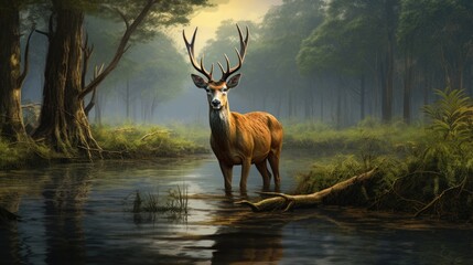 Naklejka na ściany i meble Barasingha a type of deer in its natural environment