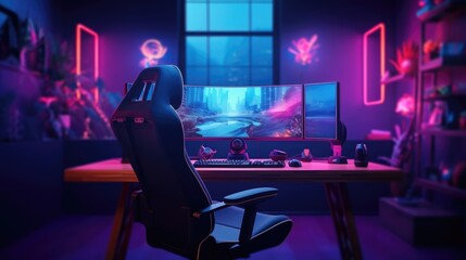 Blurry neon backdrop in professional gaming studio with PC chair keyboard for streaming