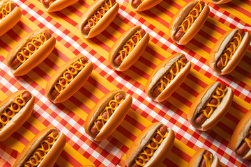 Pattern of fresh made hot dogs on yellow red paper background