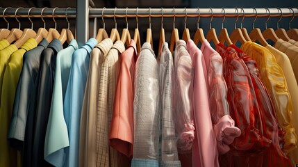 Closeup of clothes on rack in modern dry cleaner s