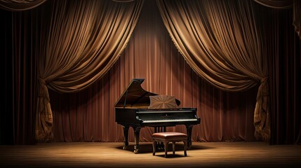 Brown curtain backdrop on concert stage with grand piano