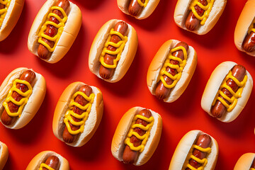 Pattern of fresh made hot dogs on red background food stylist - obrazy, fototapety, plakaty