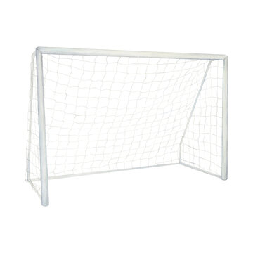 Watercolor drawing of football or soccer goal frame with net. Solid grey frame and mesh, scillfully painted isolated on white background. For wallpapers logo and banners