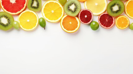 Assorted vibrant summer fruit displayed on white table