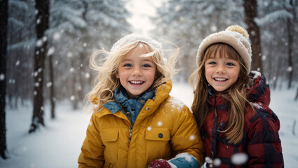 Fototapeta premium Geschwister im Schnee, gen ai