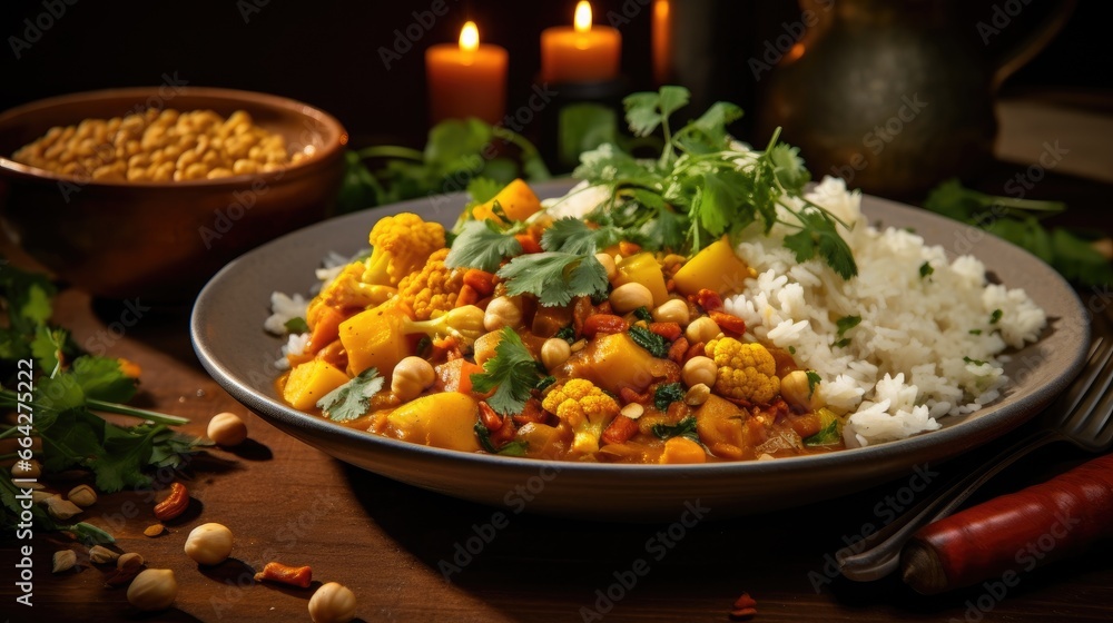 Poster cauliflower chickpea and butternut squash curry topped with peanuts served with rice and cilantro